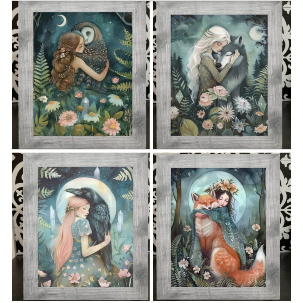 Set 4 Framed Spirit Animal Raven Crow Fox Owl Wolf Hug Crystals Prints